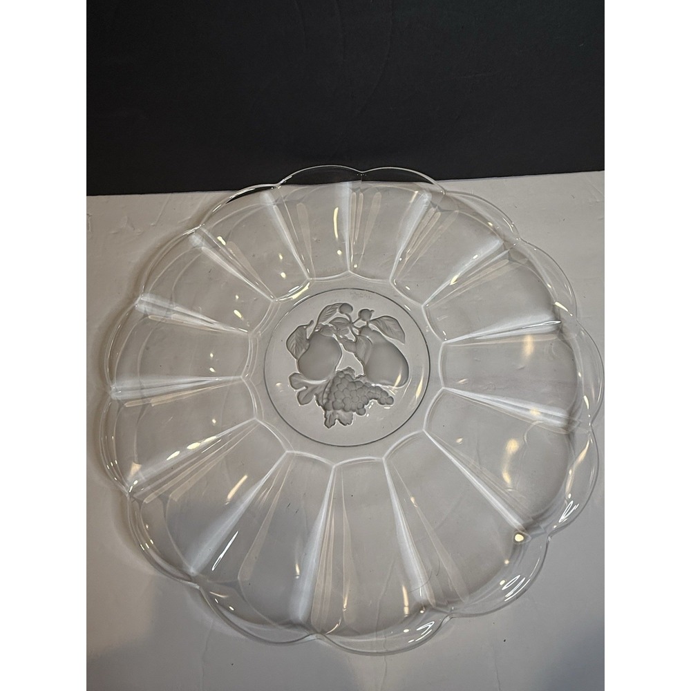 Val St. Lambert Crystal Serving Plate 13" Etched Fruit Pear Grape Scalloped